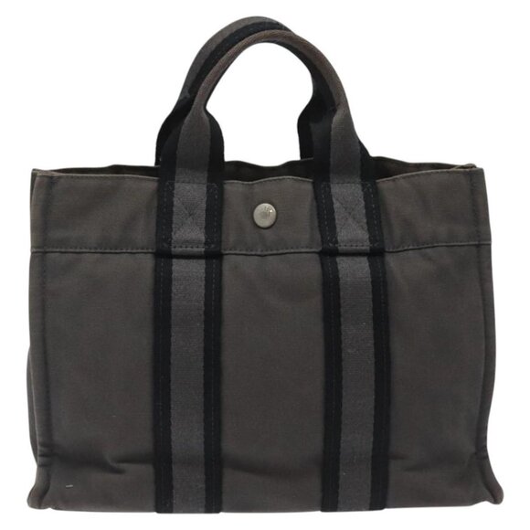 HERMES Fourre Tout PM Hand Bag Canvas Black Gray Silver Auth ti2941